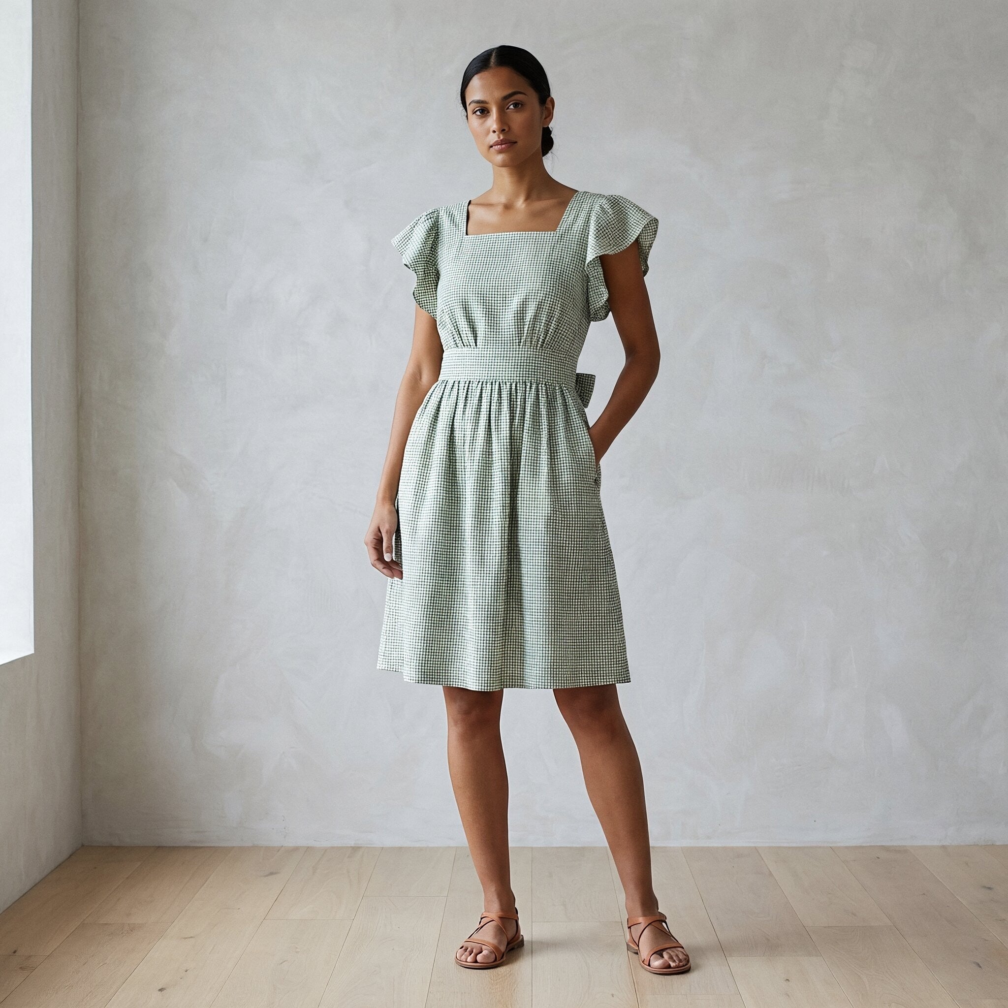 Mint Green Checks Handspun Cotton Open-Back Fit and Flare Knee Length Dress