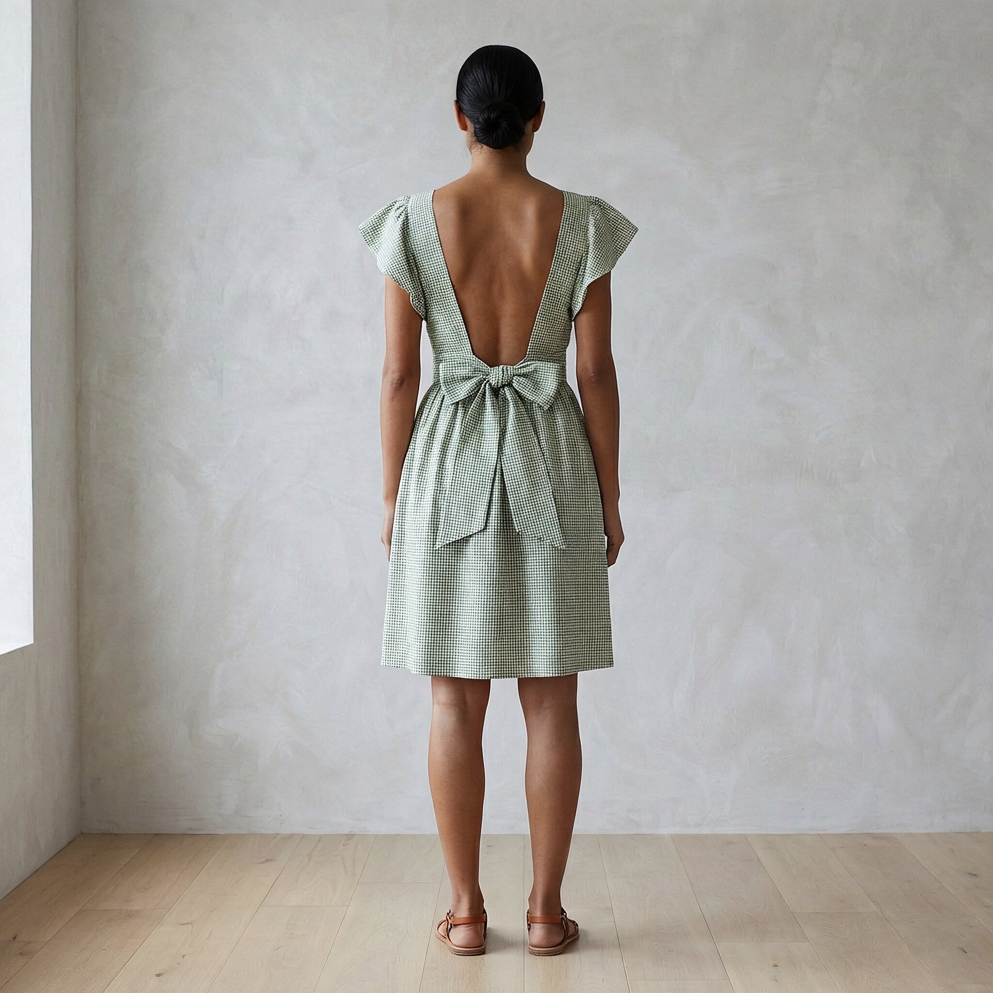 Mint Green Checks Handspun Cotton Open-Back Fit and Flare Knee Length Dress