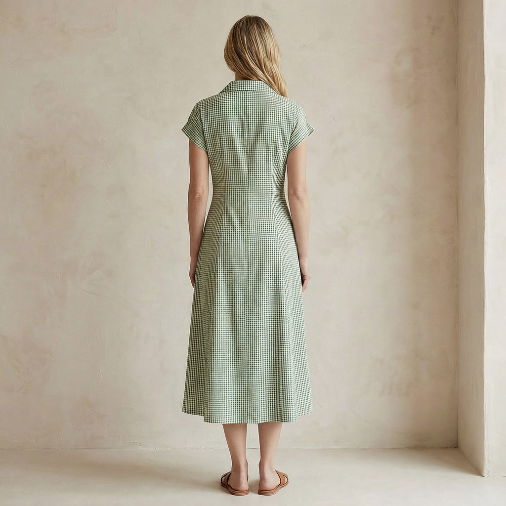 Mint Green Checks Handspun Cotton Paneled A-Line Midi Dress