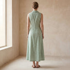 Mint Green Checks Handspun Cotton Paneled Sleeveless Maxi Dress