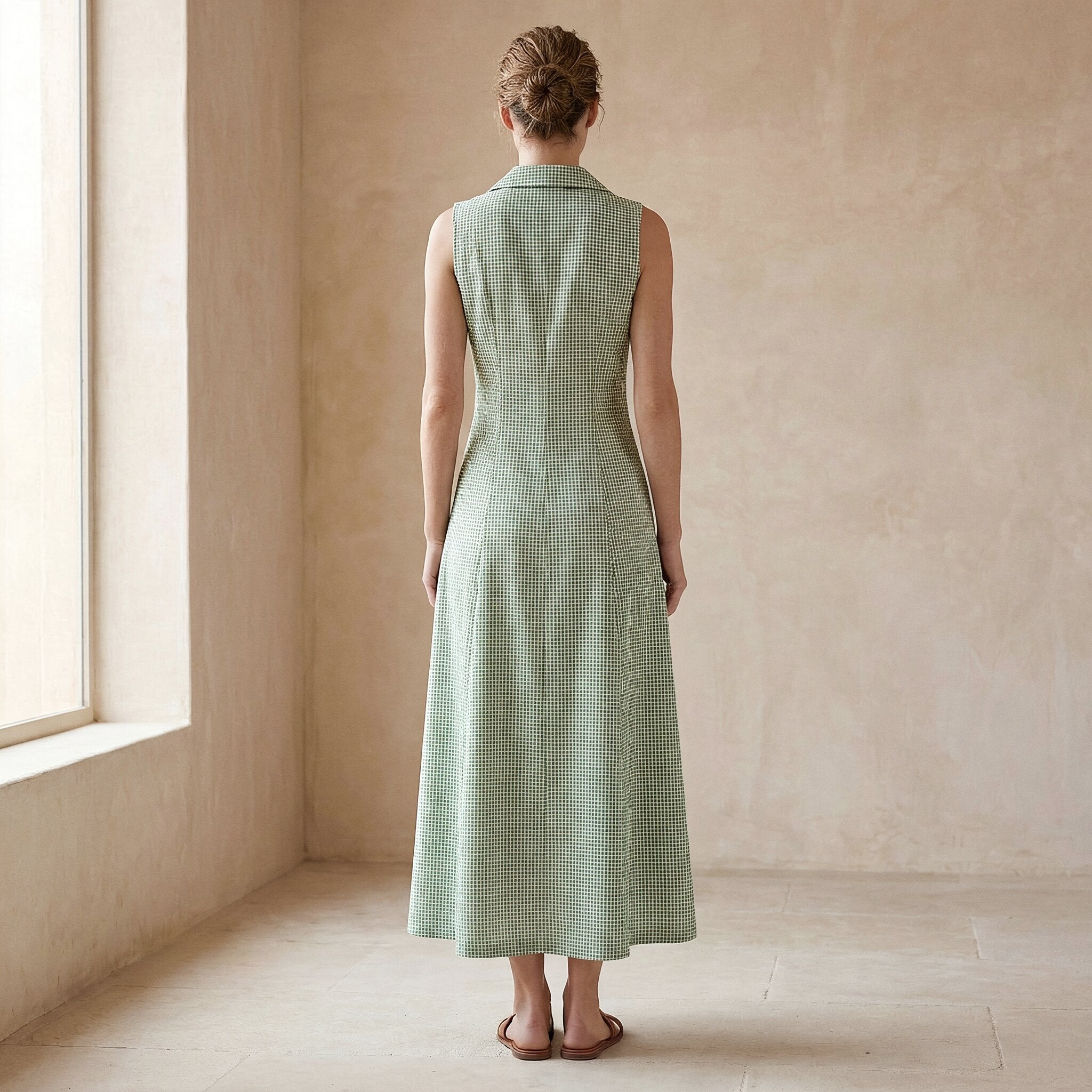 Mint Green Checks Handspun Cotton Paneled Sleeveless Maxi Dress