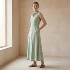 Mint Green Checks Handspun Cotton Paneled Sleeveless Maxi Dress