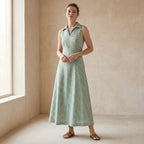 Mint Green Checks Handspun Cotton Paneled Sleeveless Maxi Dress