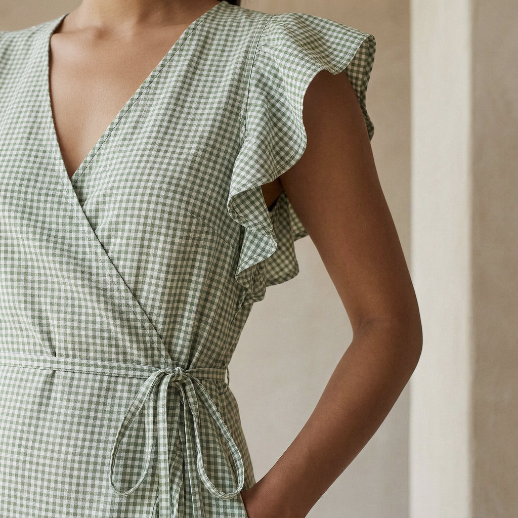 Mint Green Checks Handspun Cotton Ruffle Midi Wrap Dress
