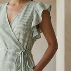 Mint Green Checks Handspun Cotton Ruffle Midi Wrap Dress