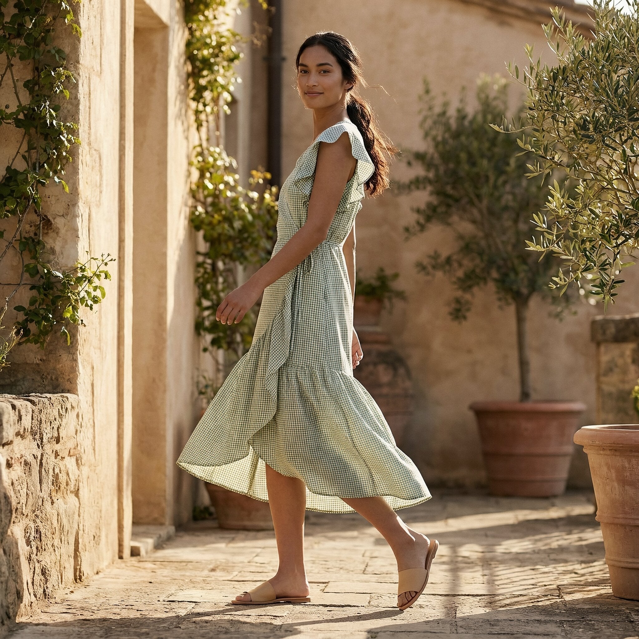 Mint Green Checks Handspun Cotton Ruffle Midi Wrap Dress