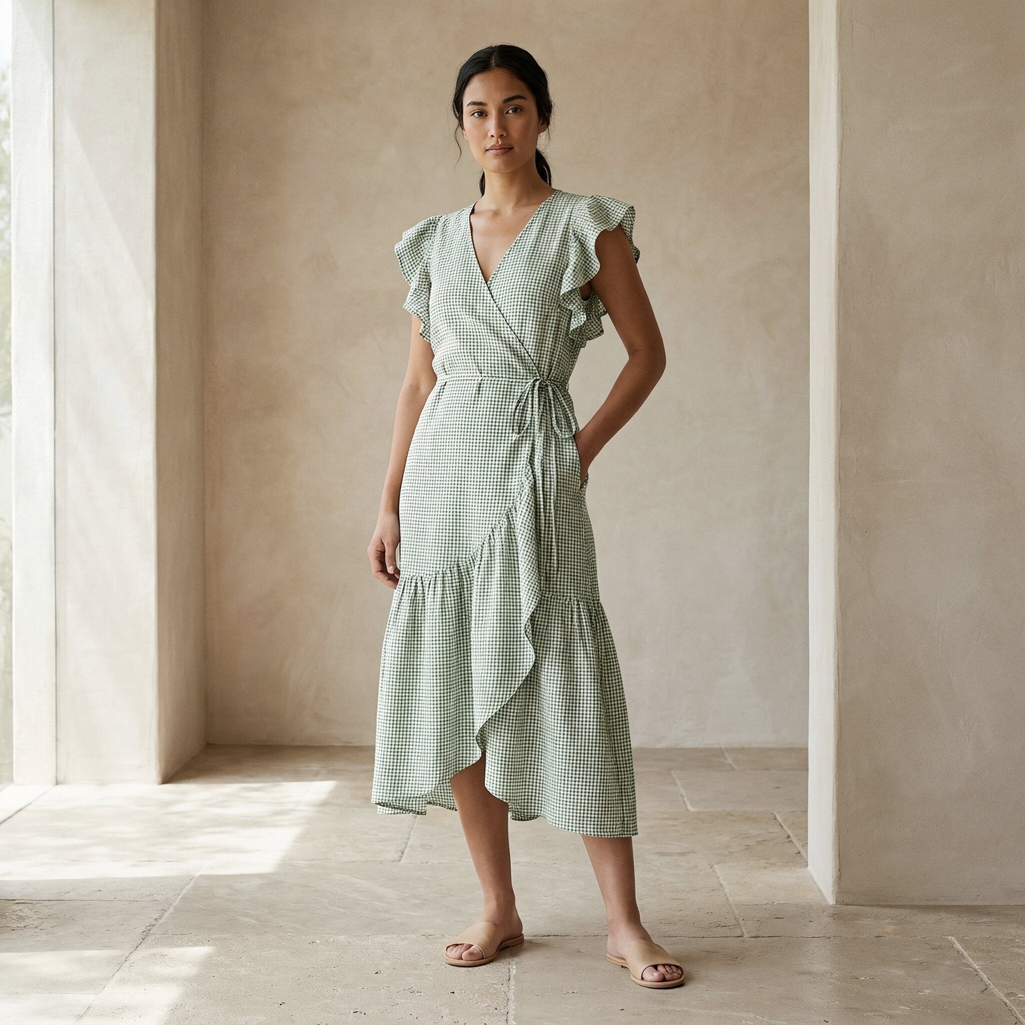 Mint Green Checks Handspun Cotton Ruffle Midi Wrap Dress