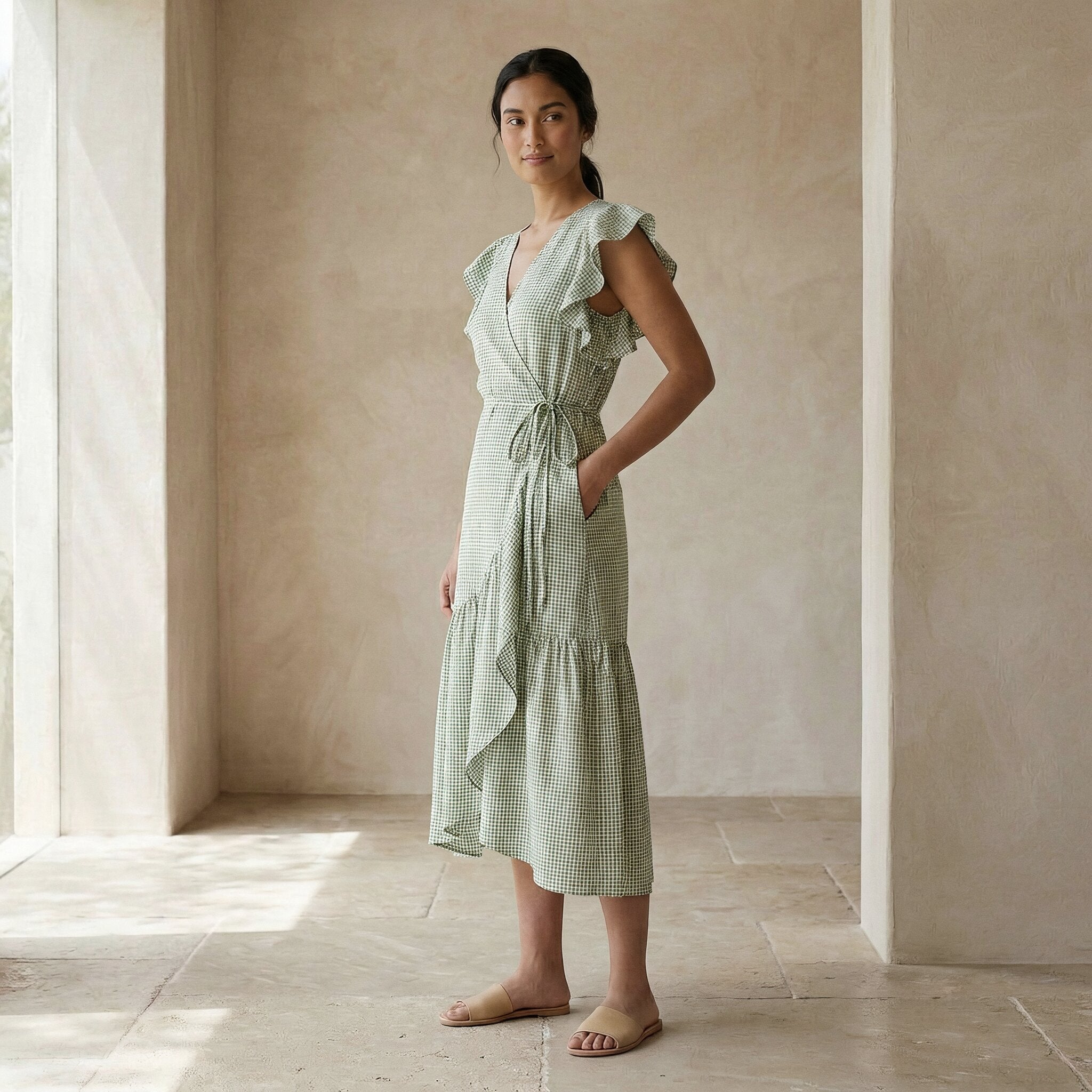 Mint Green Checks Handspun Cotton Ruffle Midi Wrap Dress