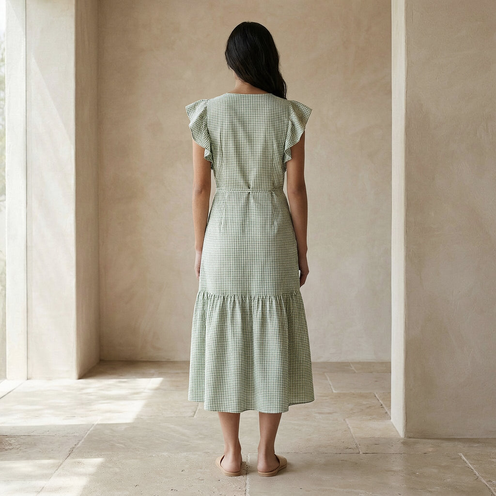 Mint Green Checks Handspun Cotton Ruffle Midi Wrap Dress