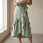 Mint Green Checks Handspun Cotton Ruffle Midi Wrap Skirt