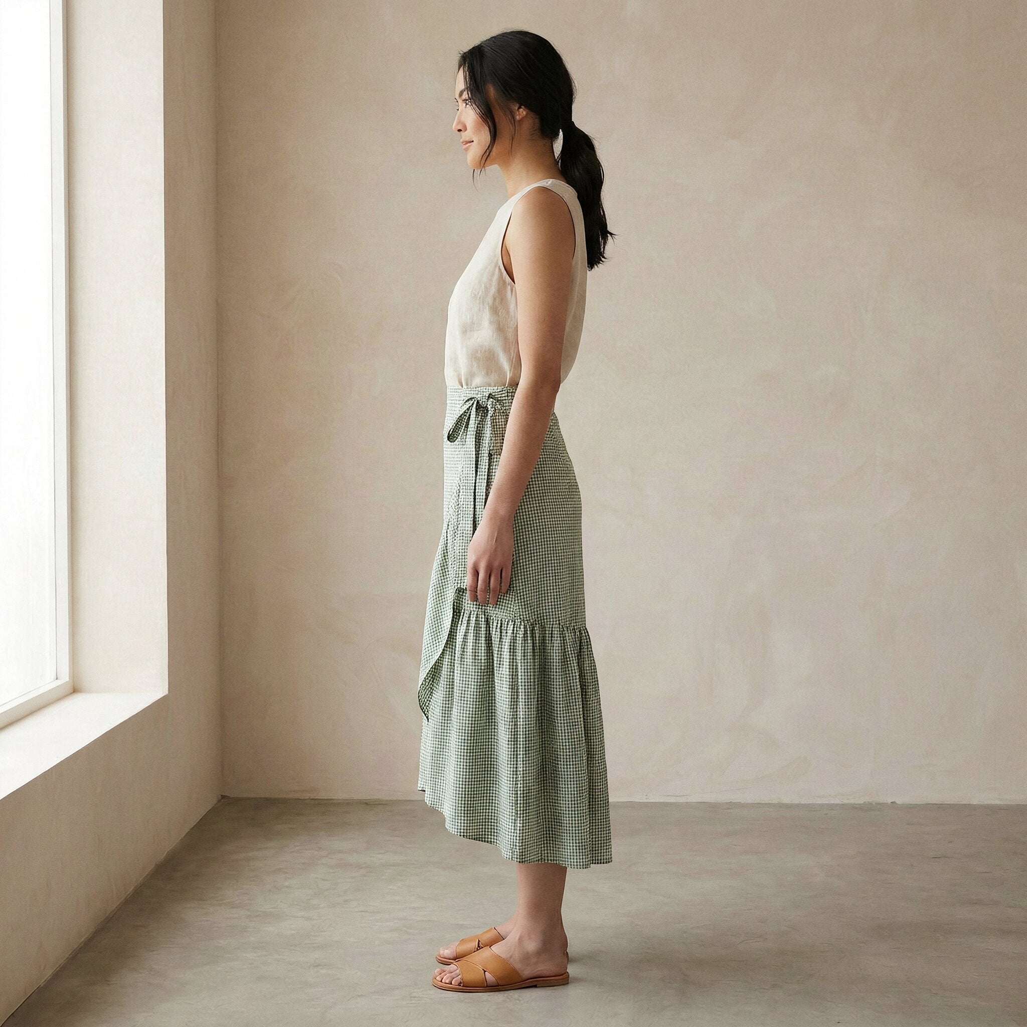 Mint Green Checks Handspun Cotton Ruffle Midi Wrap Skirt