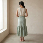 Mint Green Checks Handspun Cotton Ruffle Midi Wrap Skirt
