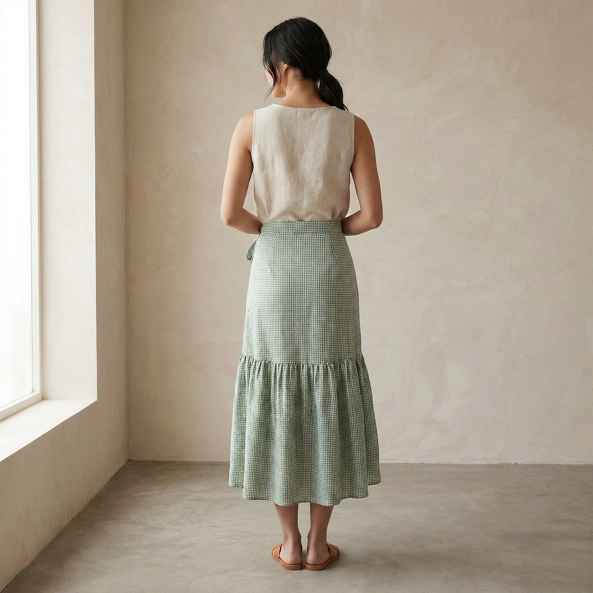 Mint Green Checks Handspun Cotton Ruffle Midi Wrap Skirt