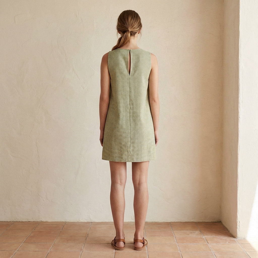 Mint Green Checks Handspun Cotton Sleeveless A-Line Short Shift Dress