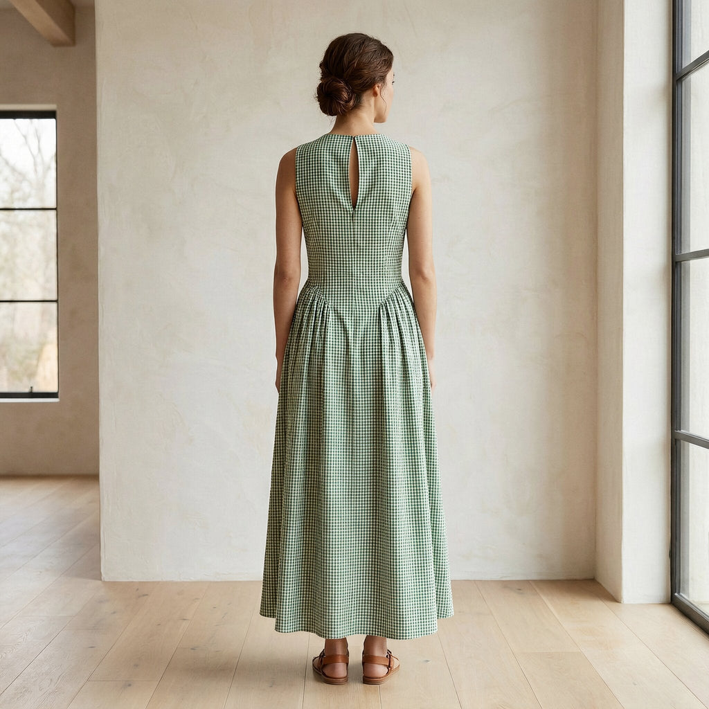 Mint Green Checks Handspun Cotton Sleeveless Paneled Maxi Dress
