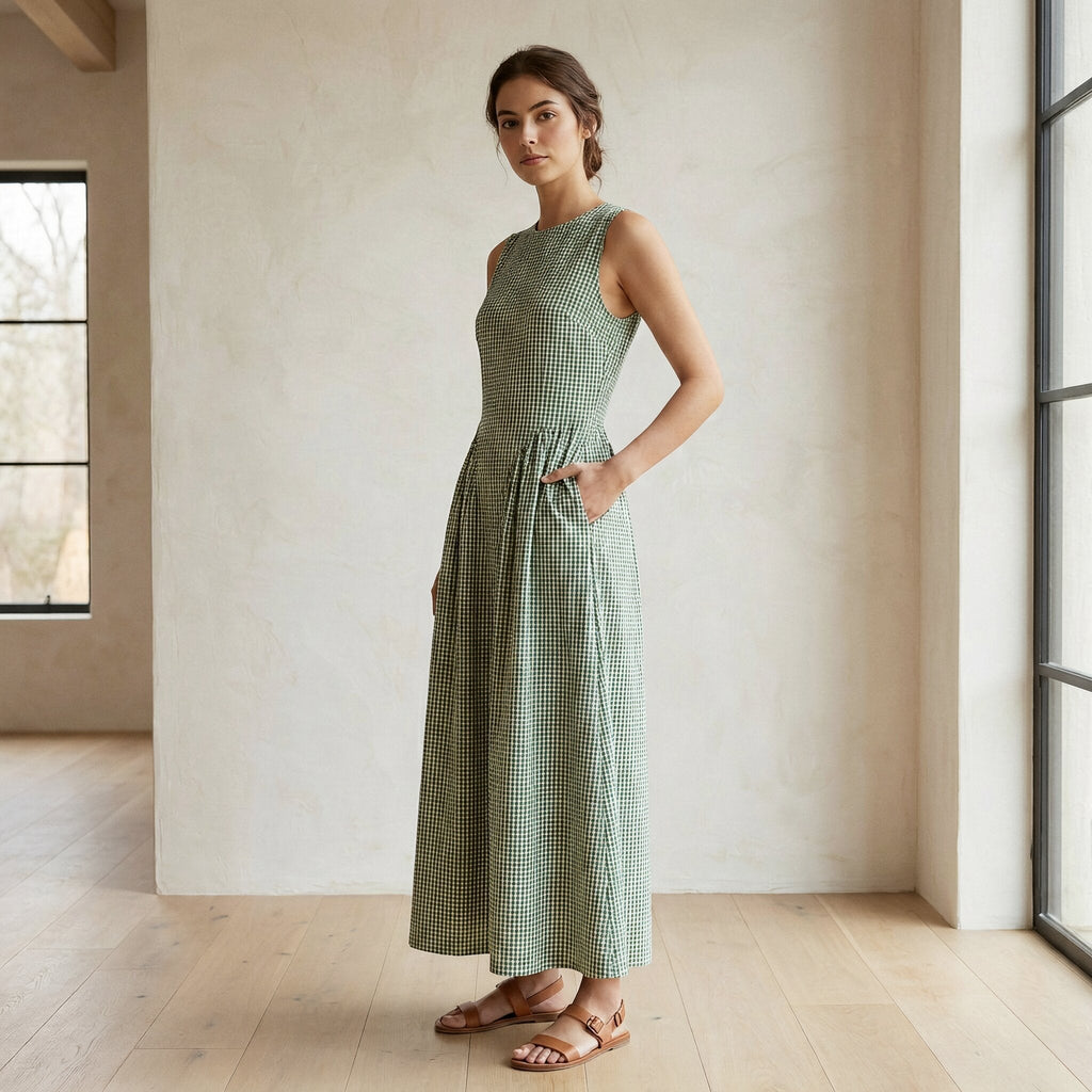 Mint Green Checks Handspun Cotton Sleeveless Paneled Maxi Dress