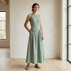 Mint Green Checks Handspun Cotton Sleeveless Paneled Maxi Dress