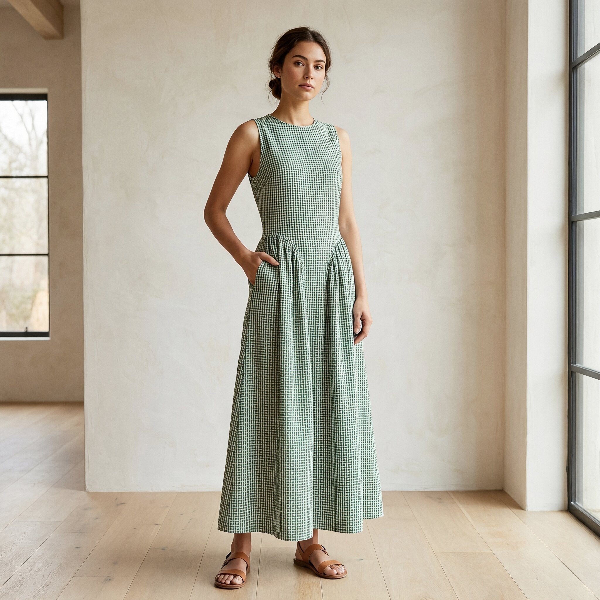 Mint Green Checks Handspun Cotton Sleeveless Paneled Maxi Dress