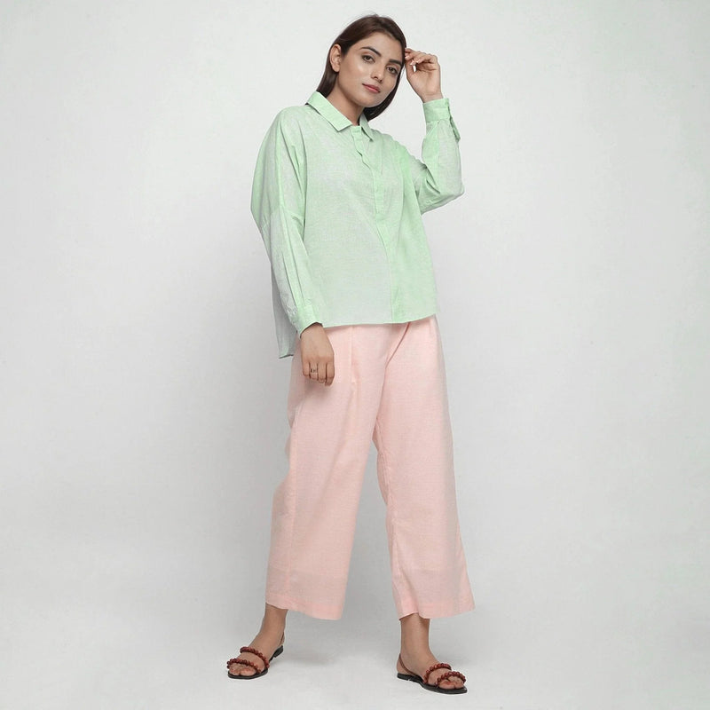 Right View of a Model wearing Mint Green Cotton High-Low Long Top