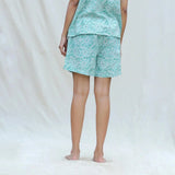 Back View of a Model wearing Mint Green Floral Block Printed Cotton High-Rise Elasticated Shorts