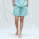 Front View of a Model wearing Mint Green Floral Block Printed Cotton High-Rise Elasticated Shorts