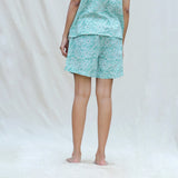 Back View of a Model wearing Mint Green Floral Block Printed Cotton High-Rise Elasticated Shorts