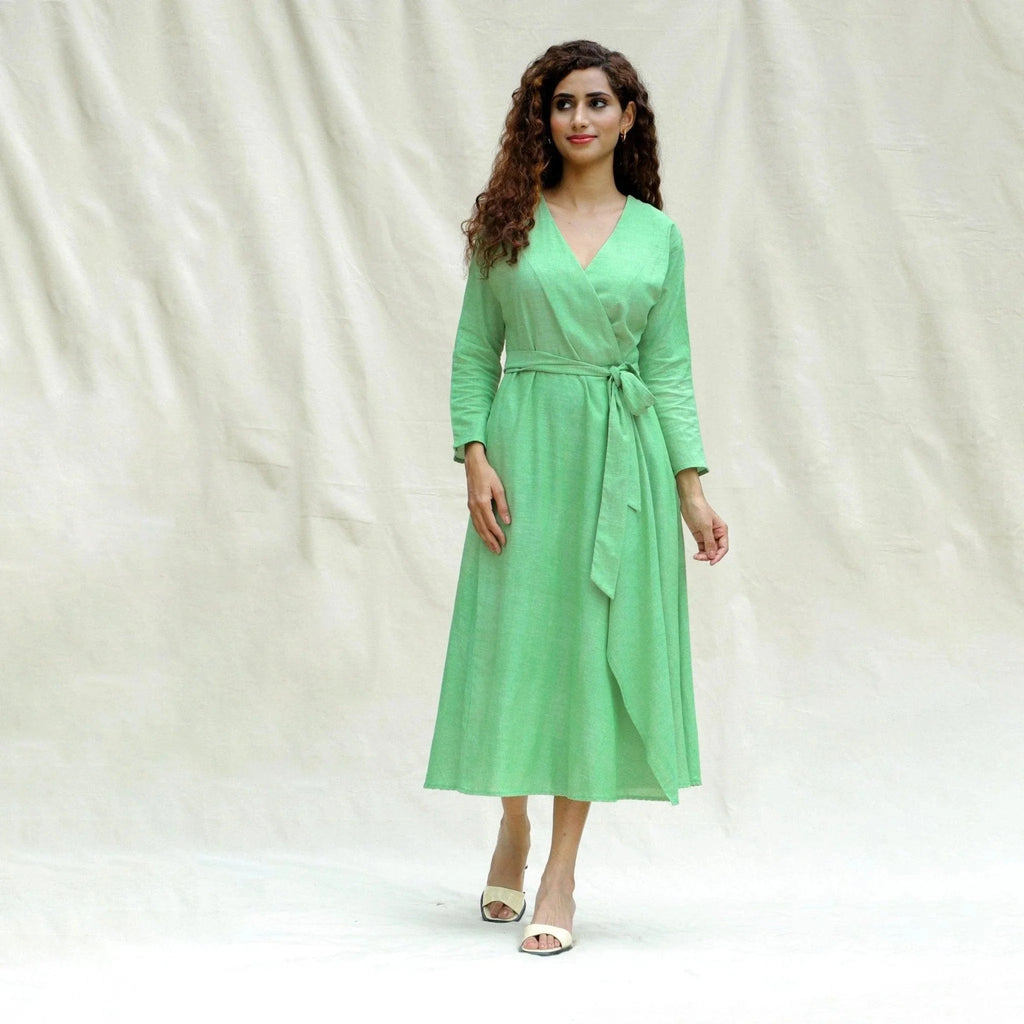 Front View of a Model wearing Mint Green Handspun Cotton Drop Shoulder Sleeves Midi Wrap Dress
