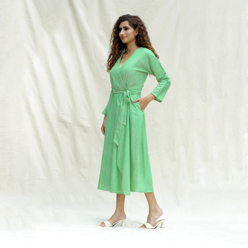 Left View of a Model wearing Mint Green Handspun Cotton Drop Shoulder Sleeves Midi Wrap Dress