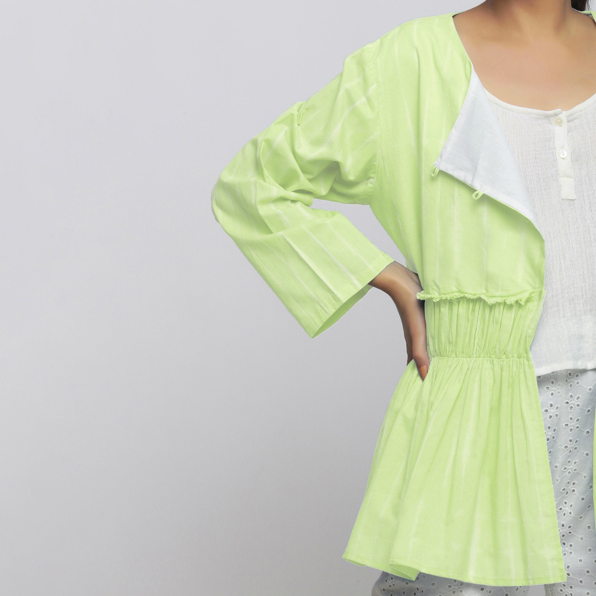 Front Detail of a Model wearing Mint Green Tie Dyed Anti-Fit Outerwear