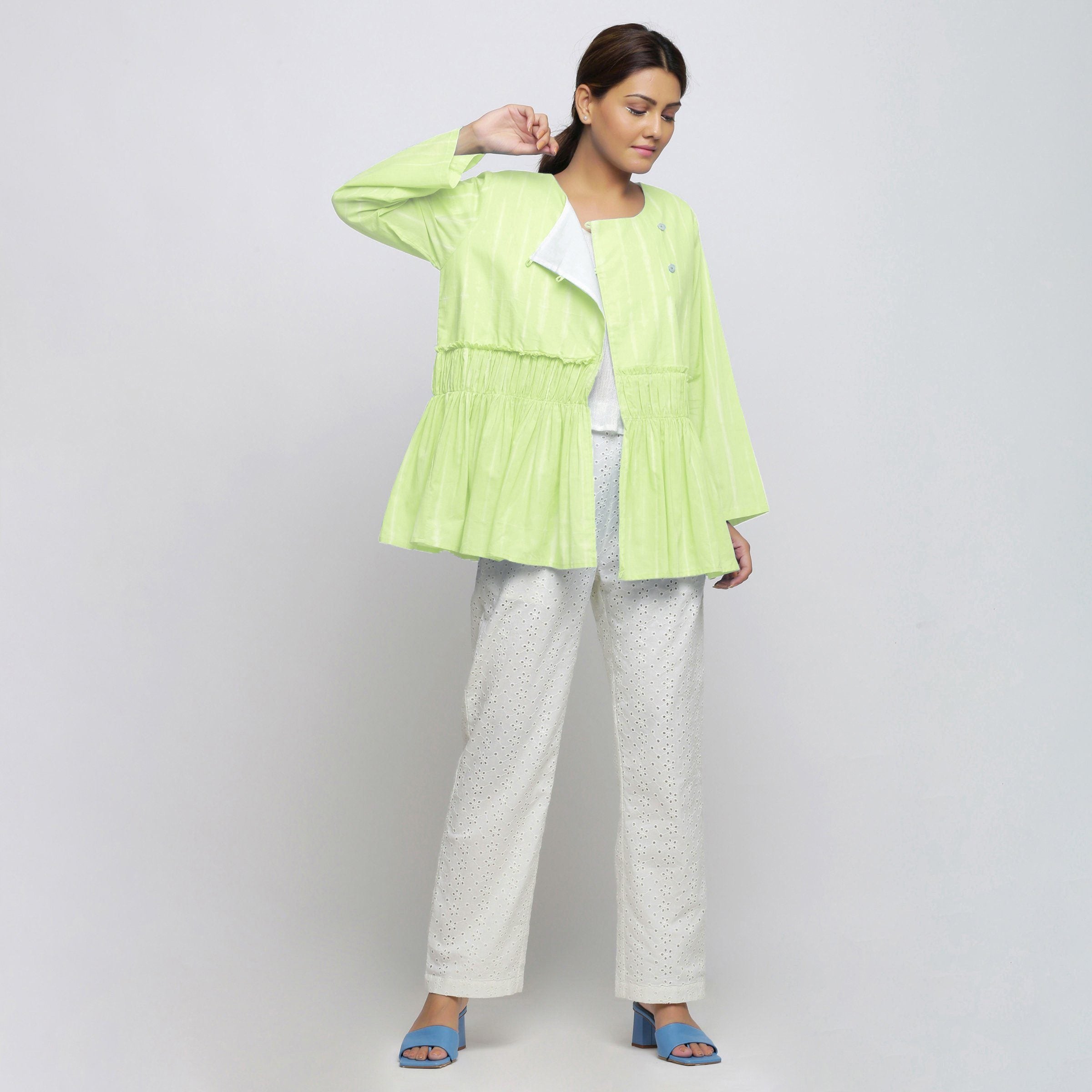 Front View of a Model wearing Mint Green Tie Dyed Anti-Fit Outerwear