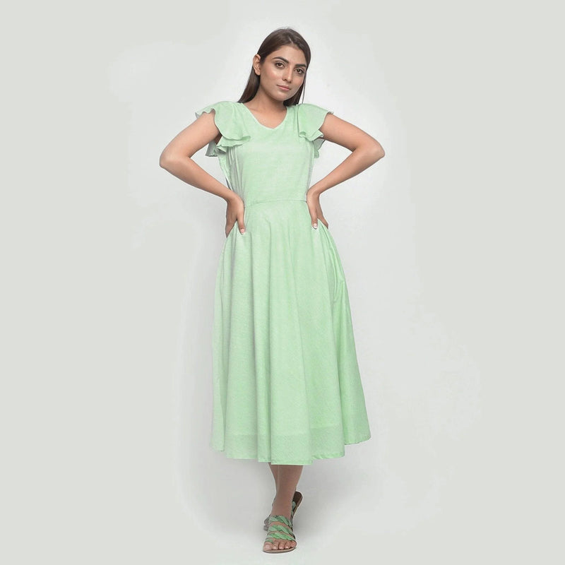 Front View of a Model wearing Mint Green Cotton Fit and Flare Dress