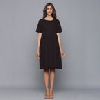 Front View of a Model wearing Moonlight Black Paneled Cotton Flannel Dress