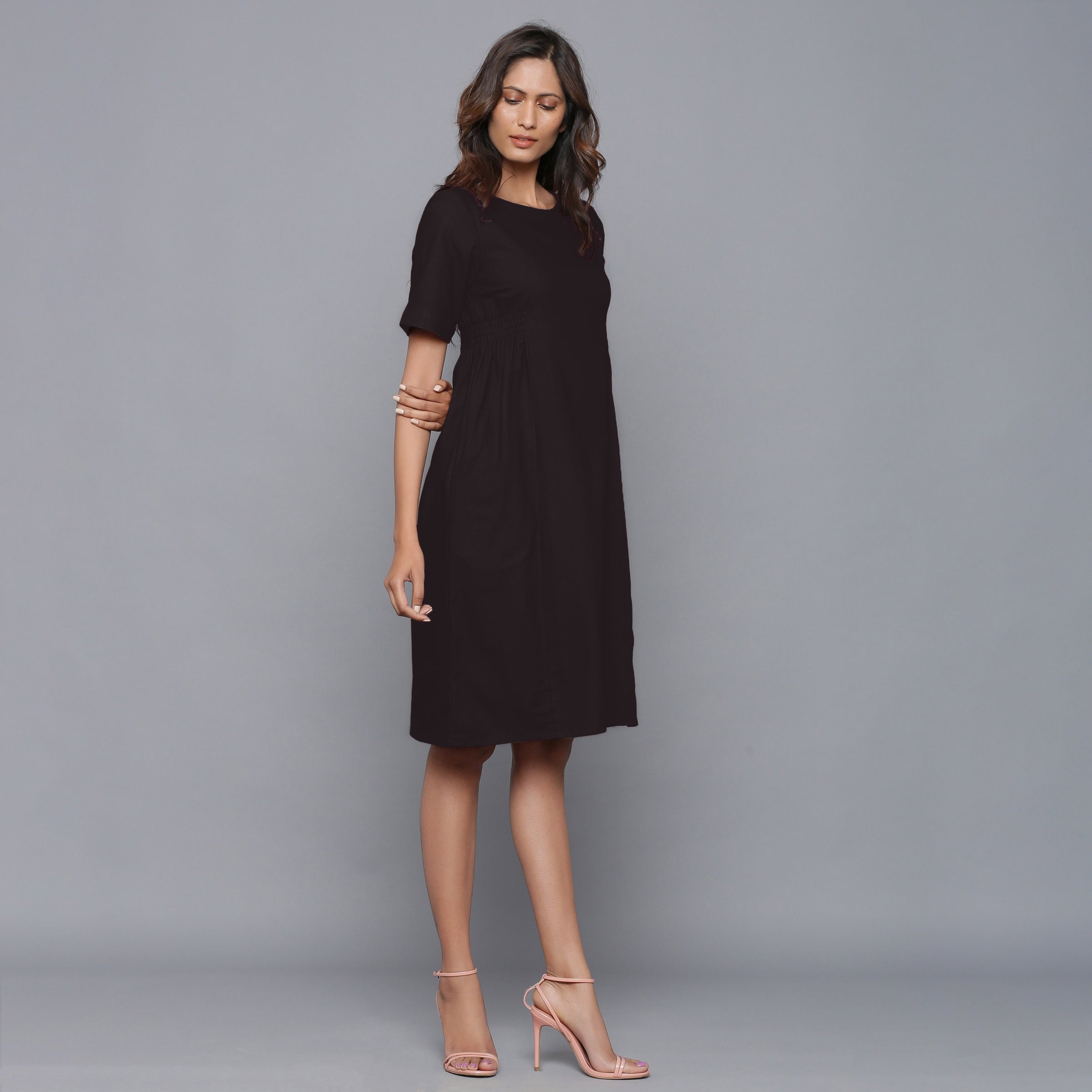 Right View of a Model wearing Moonlight Black Paneled Cotton Flannel Dress