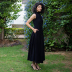Moonlight Black Warm Cotton Corduroy High-Neck Sleeveless Slit Dress