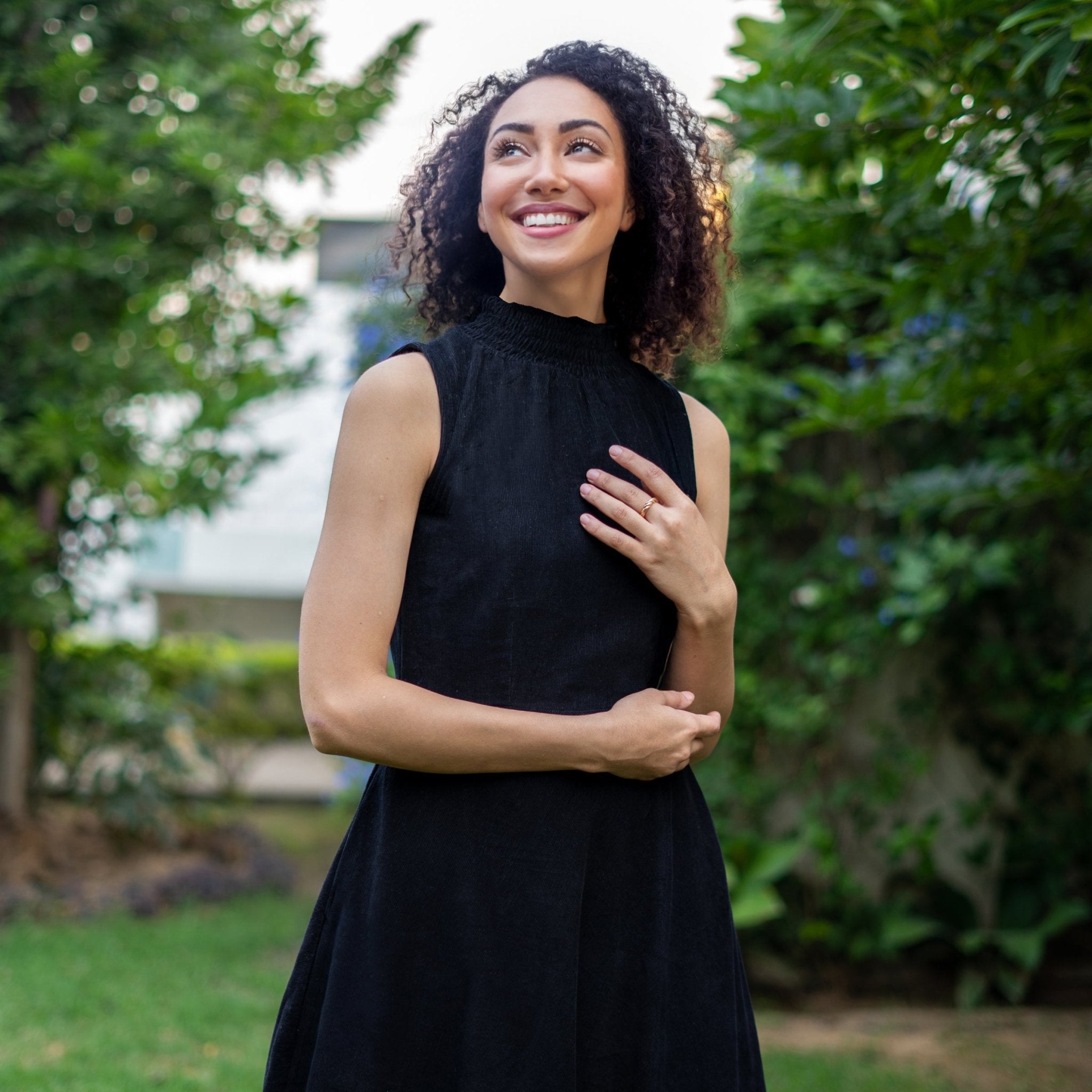 Moonlight Black Warm Cotton Corduroy High-Neck Sleeveless Slit Dress