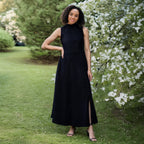 Moonlight Black Warm Cotton Corduroy High-Neck Sleeveless Slit Dress