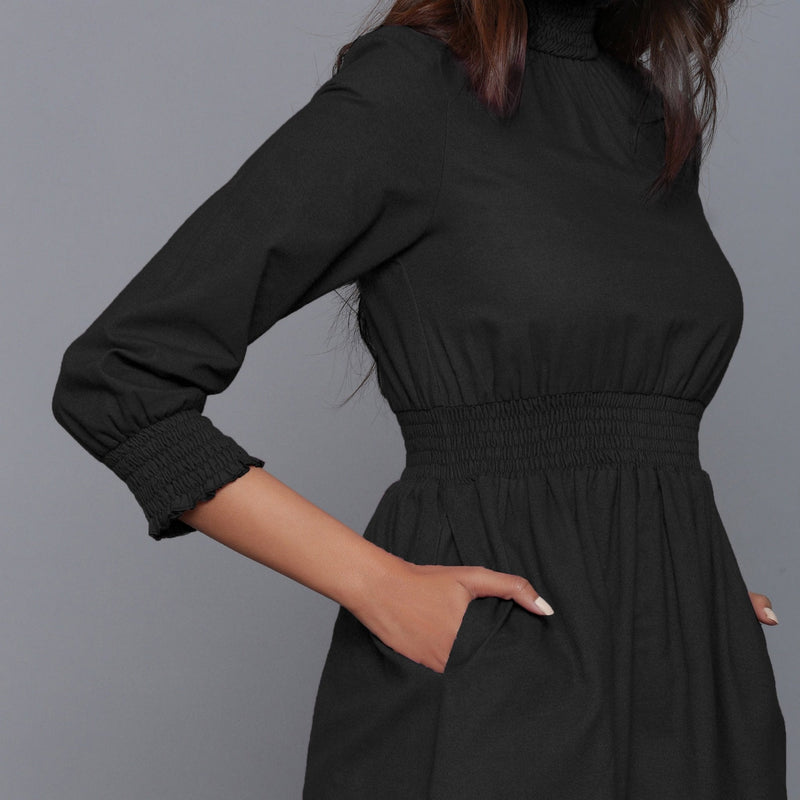 Moonlight Black Warm Cotton Flannel High Neck Midi Dress