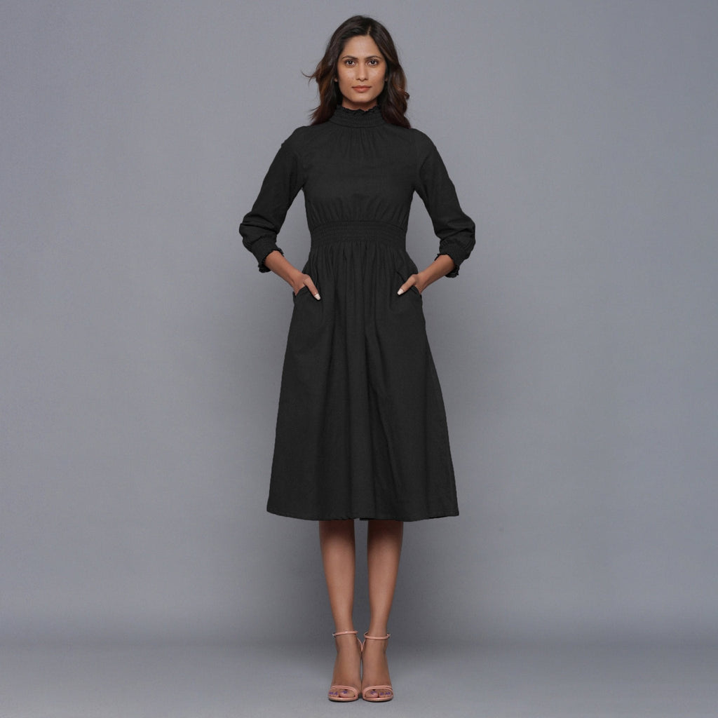 Moonlight Black Warm Cotton Flannel High Neck Midi Dress