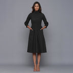 Moonlight Black Warm Cotton Flannel High Neck Midi Dress