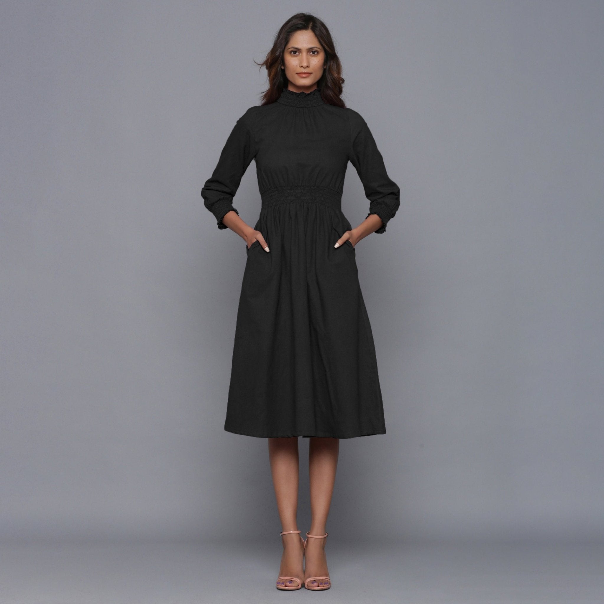 Moonlight Black Warm Cotton Flannel High Neck Midi Dress