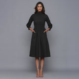 Moonlight Black Warm Cotton Flannel High Neck Midi Dress