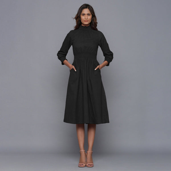 Moonlight Black Warm Cotton Flannel High Neck Midi Dress