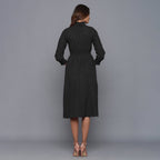 Moonlight Black Warm Cotton Flannel High Neck Midi Dress