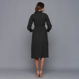 Moonlight Black Warm Cotton Flannel High Neck Midi Dress