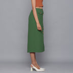 Right View of a Model wearing Moss Green Button-Down Midi Skirt