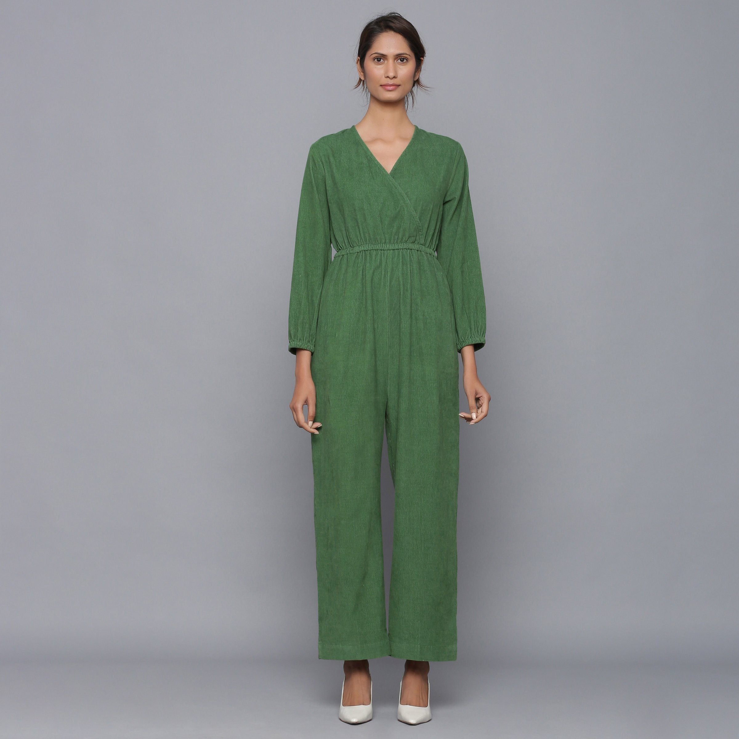 Front View of a Model wearing Moss Green Corduroy Comfy Jumpsuit