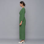 Left View of a Model wearing Moss Green Corduroy Comfy Jumpsuit