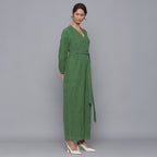Right View of a Model wearing Moss Green Corduroy Comfy Jumpsuit