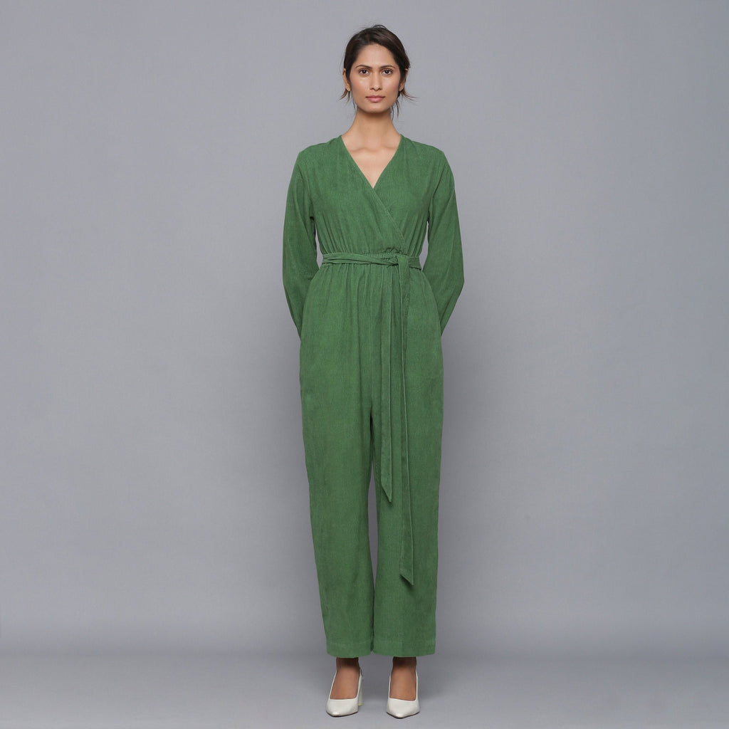 Front View of a Model wearing Moss Green Corduroy Comfy Jumpsuit