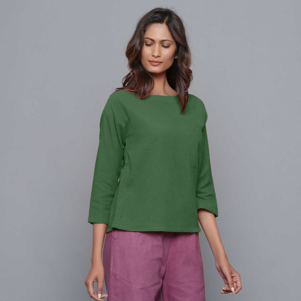 Front View of a Model wearing Moss Green Corduroy Drop Shoulder Top